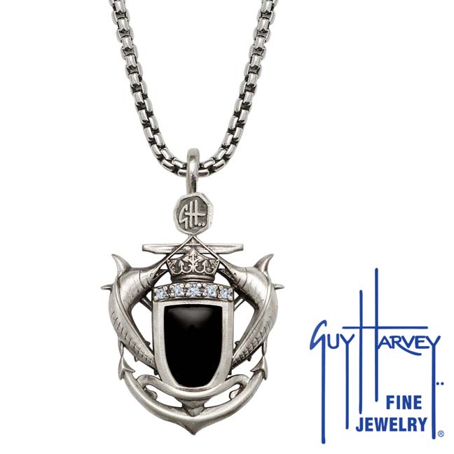 Marlin Shield Diamond and Onyx Box Necklace Relic Finish