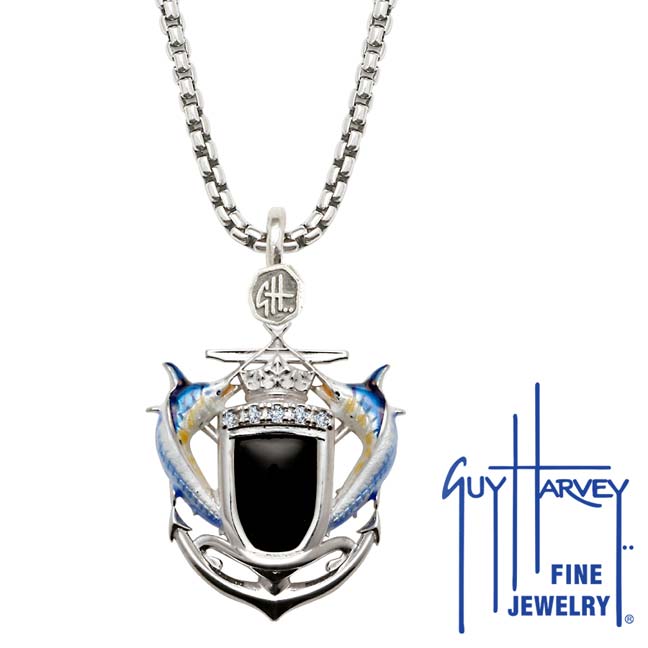 Marlin Shield Diamond and Onyx Box Necklace Full Color Enamel Bright Finish