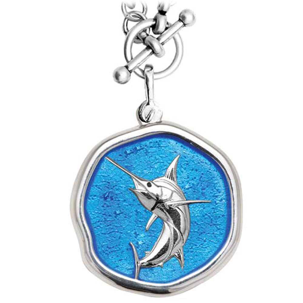 Marlin on Heavy Link Necklace Caribbean Blue Enamel Bright Finish 35mm Sterling Silver
