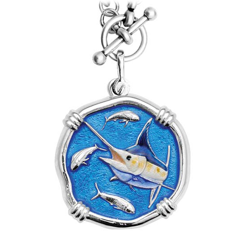 Marlin on Heavy Link Necklace Full Color Enamel Bright Finish 35mm Sterling Silver