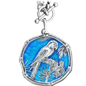 Parrot  on Heavy Link Necklace Caribbean Blue Enamel Bright Finish 35mm Sterling Silver 