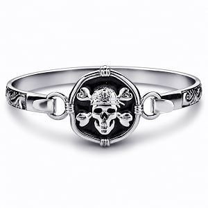 Hook Bracelet with Pirate Skull Clasp in Sterling Silver and Jet Black Enamel.