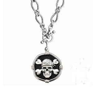 Pirate on Heavy Link Necklace Black Enamel Bright Finish 35mm Sterling Silver