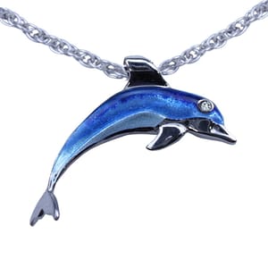 Bottlenose Dolphin Necklace - Sterling Silver with Basse-taille Enamel and White Topaz