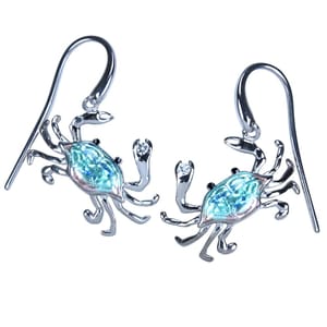 Blue Crab Dangle Earrings - Sterling Silver with Enamel and White Topaz