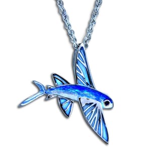 Flying Fish Necklace - Sterling Silver with Plique-a-jour Enamel Wings and Black Diamond