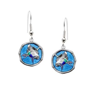Hummingbird Sterling Silver Wire Dangle Earrings Full Color Blue Enamel
