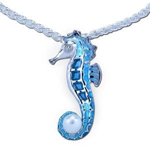 Seahorse Necklace - Sterling Silver with Enamel, White Topaz Eye and Pearl