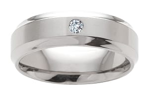 Titanium Wedding Band Men's Comfort Fit Brushed Middle with Cubic Zirconia Center and Rounded Polished Edges