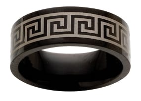 Titanium Wedding Band Men's Comfort Fit Greek Key Design Tan on Black