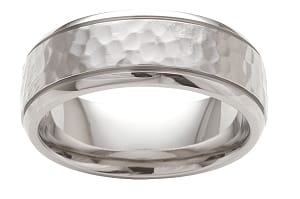 Titanium Wedding Band Men's Comfort Fit Hammered Design with Rounded Polished Edges