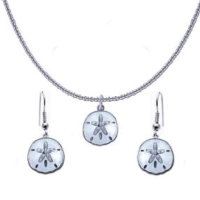 Sand Dollar Necklace and Earring Set - Sterling Silver with White Enamel and White Topaz