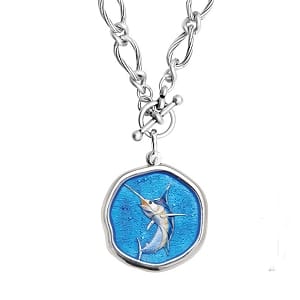Blue Marlin on Heavy Link Necklace Full Color Enamel Bright Finish 35mm Sterling Silver