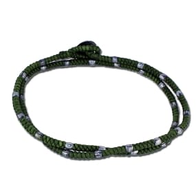 Green Double Wrapped Cotton Cord Bracelet with Beads. Handmade in Chaing Mai. - Choker Length