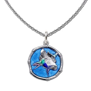 Hummingbird and Hibiscus Necklace - Guy Harvey Medium Blue Enamel Sterling Silver Pendant with Chain