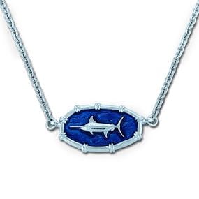 Blue Marlin Necklace - Guy Harvey Open Ocean Collection Sterling Silver and Enamel Oval Pendant with Chain