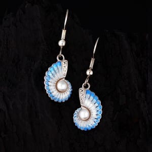 Nautilus Shell Earrings - Sterling Silver with Blue and White Enamel, White Topaz and Freshwater Pearl