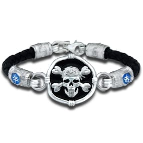 Pirate Skull Beaufort Bracelet - Sterling Silver and Fine Enamel with Braided Black Leather