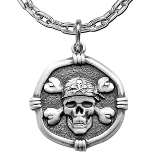 Pirate Skull Necklace - Guy Harvey Large Sterling Silver Relic Finish Pendant with Chain
