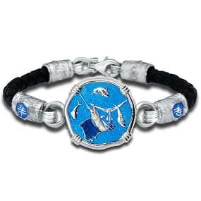 Sailfish Beaufort Bracelet - Sterling Silver and Fine Enamel with Braided Black Leather