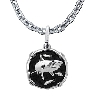 Shark Necklace - Sterling Silver Black Enamel Medallion Pendant with Chain