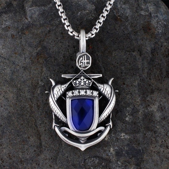 Blue Marlin Shield with Diamonds and Created Sapphire With a Box Necklace Relic Finish - Sterling Silver 