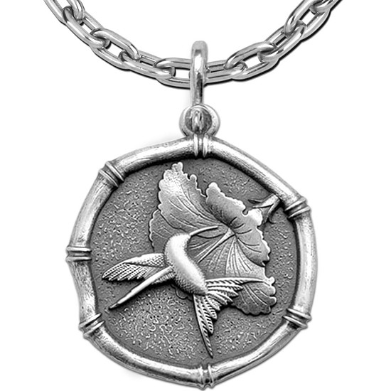 Hummingbird and Hibiscus Necklace - Guy Harvey Large Sterling Silver Relic Finish Pendant with Chain