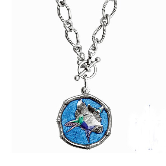 Hummingbird Sterling Silver on Heavy Link Necklace Full Color Blue Enamel