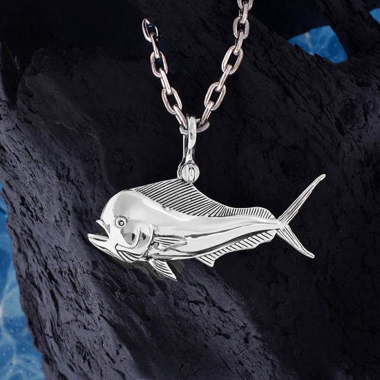 Dolphinfish - Mahi- Bull Dolphin Necklace - Sterling Silver Pendant on a Link Chain 