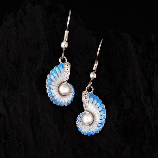 Nautilus Shell Earrings — Sterling Silver with Blue and White Enamel, White Topaz and Freshwater Pearl | Nautora Coastal Collection
