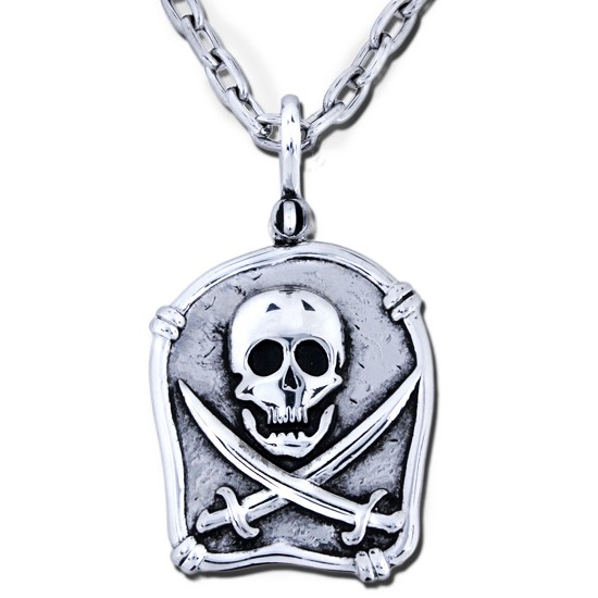 No Quarter Given Pirate Skull Necklace - Large Sterling Silver Pendant with Chain