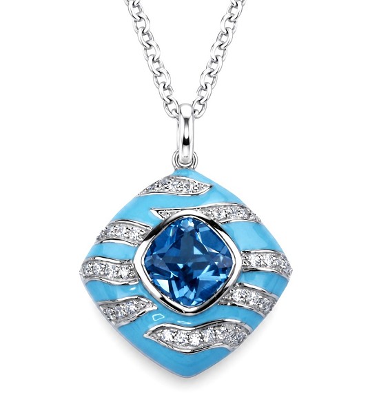 Ocean Waves Necklace - Blue Spinel, Enamel and CZ Enameled Sterling Silver Pendant on Link Necklace Chain
