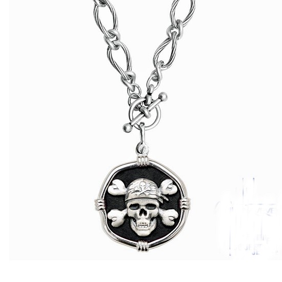 Pirate on Heavy Link Necklace Black Enamel Bright Finish 35mm Sterling Silver