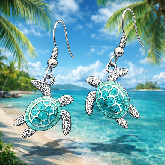 Sea Turtle Dangle Earrings - Green Enamel and Sterling Silver
