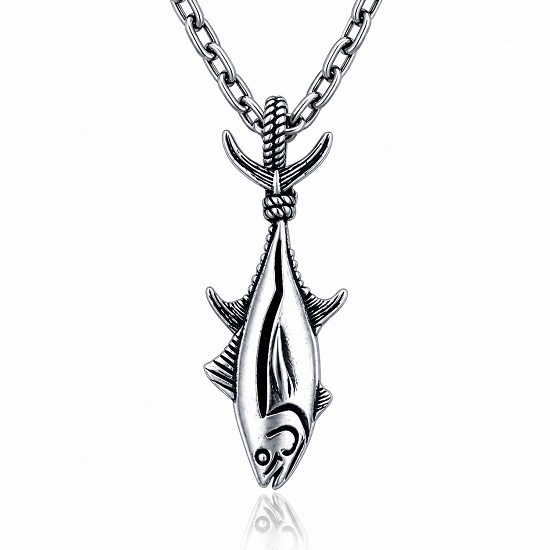 Tuna Fish on Rope - Necklace - Sterling Silver Pendant on a Link Chain 