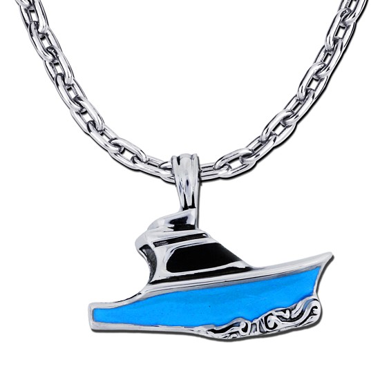 Carolina Flare Sportfishing Boat Necklace — Sterling Silver with Enamel Hull and Chain